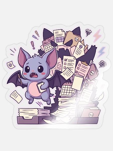 Süße Fledermaus und ein Berg Papierkram - Sticker Größe S (10 x 10 cm) - Transparent glänzend