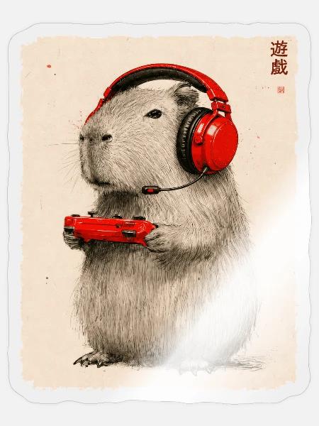 Gamer, Gaming, Japanische Kunst, Zocker, Capybara - Sticker Größe S (10 x 10 cm) - Transparent glänzend