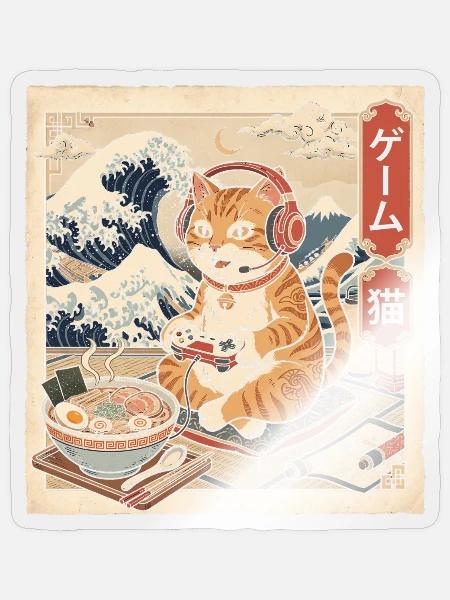 Gamer-Katze isst Ramen Japanische Vintage-Kunst - Sticker Größe S (10 x 10 cm) - Transparent glänzend