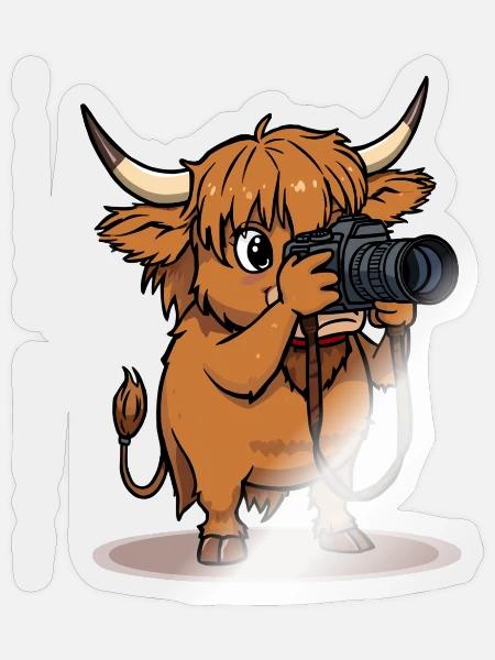 Highland Cow Photographer Cartoon - Sticker Größe S (10 x 10 cm) - Transparent glänzend