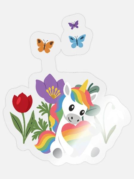 Blumengeschenk · Einhorn Regenbogenherz · Blumen - Sticker Größe S (10 x 10 cm) - Transparent glänzend