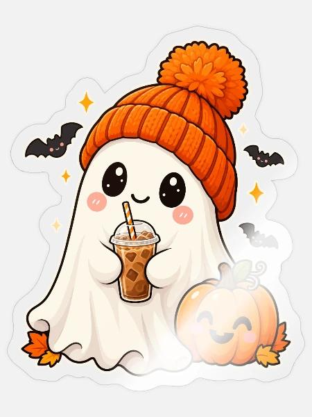 Cozy Ghost and Pumpkin Halloween - Sticker Größe S (10 x 10 cm) - Transparent glänzend
