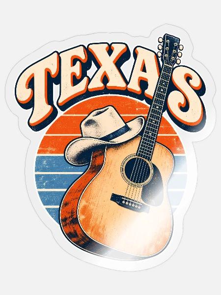 Texas Retro Gitarre & Cowboy Hut - Sticker Größe S (10 x 10 cm) - Transparent glänzend