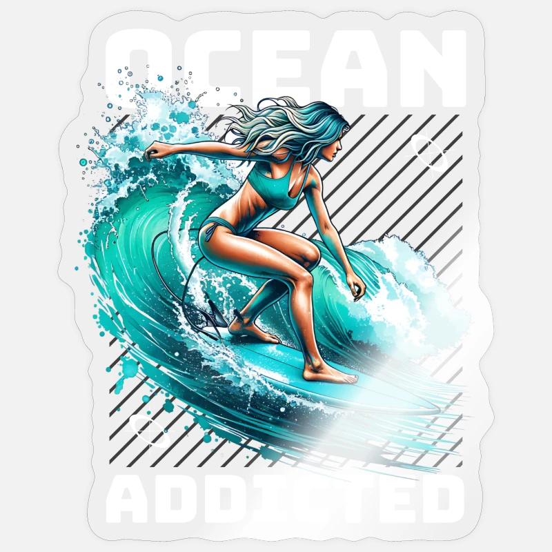 Surf accro à l’océan - Sticker taille S (10 x 10 cm) - brillant transparent