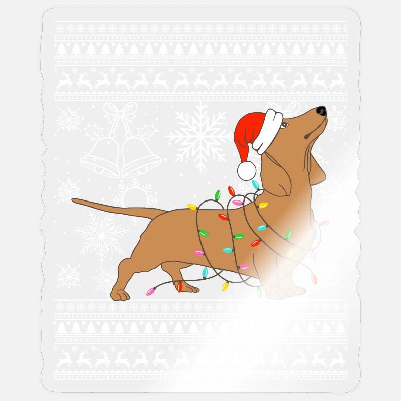 Teckel en mode Noël - Sticker taille S (10 x 10 cm) - brillant transparent