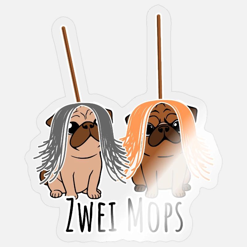 Zwei Mops - Hunde oder Putzgeräte? Hunde Humor? Sticker Größe S (10 x 10 cm)