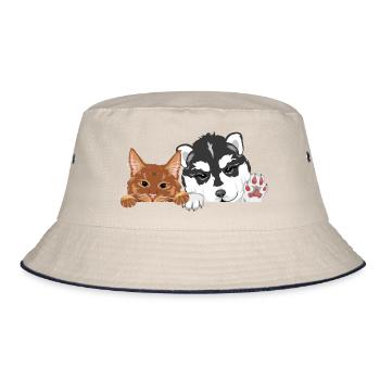 Peeking funny ginger cat and husky dog - Bucket Hat - ecru/navy - Front