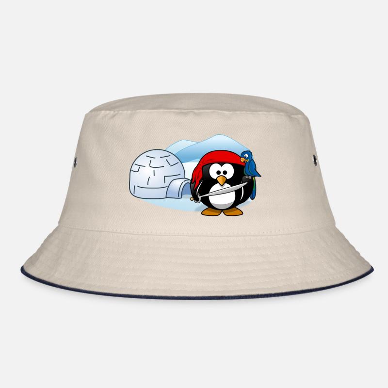 Pirate penguin with sword, parrot and igloo. - Bucket Hat - ecru/navy