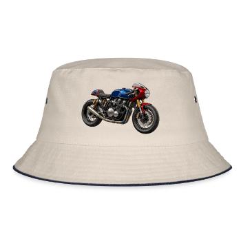 Café Racer Kunstmotorrad BlauRot Gold - Bucket Hat - Natur/Navy - Vorne
