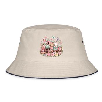 Pastel Train with Critters and Flowers - Bucket Hat - ecru/navy - Front