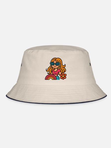Retro Summer Girl - Flower Power Look - Bucket Hat - Natur/Navy - Vorne