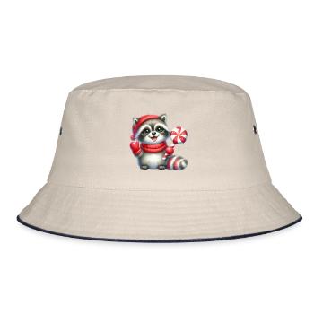 Cozy Raccoon With Candy Cane - Bucket Hat - ecru/navy - Front