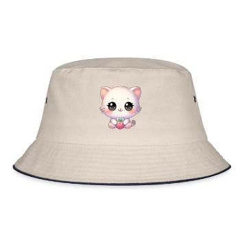 Kawaii Chibi Katze - Bucket Hat - Natur/Navy - Vorne