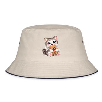 Kawaii-Katze mit Teddybär - Bucket Hat - Natur/Navy - Vorne