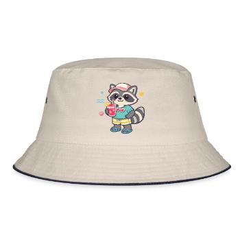 Raccoon on the beach with drink - Bucket Hat - ecru/navy - Front