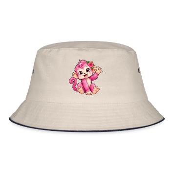 Kawaii-rosa Affe mit tropischer Blume - Bucket Hat - Natur/Navy - Vorne