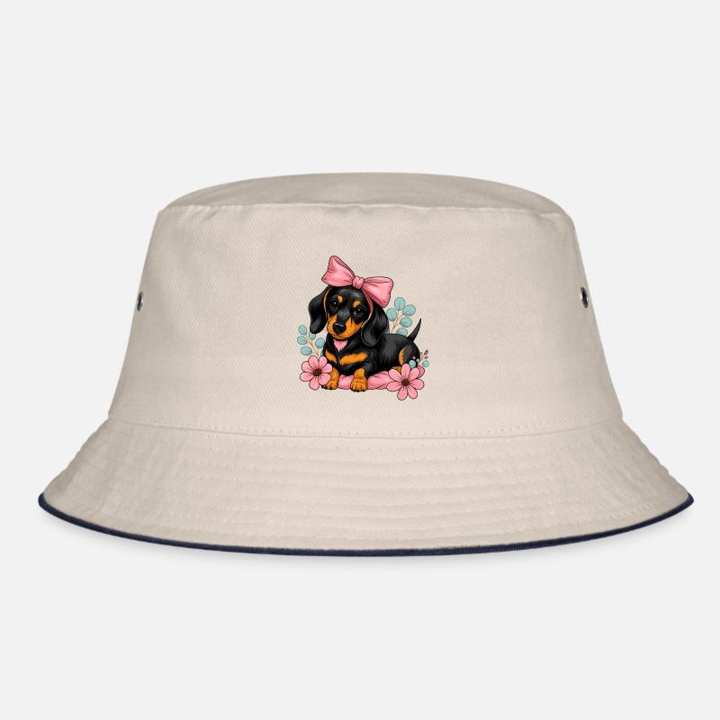 Dackel mit Pinker Schleife und Blumen Bucket Hat