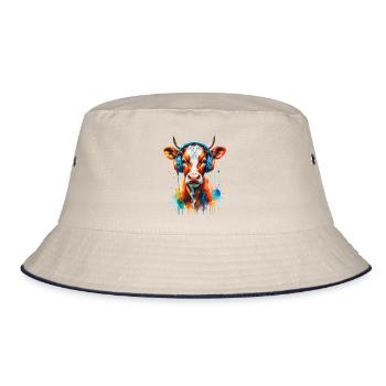 Kuh mit Kopfhörer Popart - Bucket Hat - Natur/Navy - Vorne