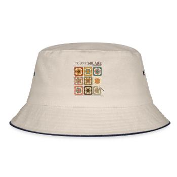 Granny Square Häkelmuster Bunte Wolle - Bucket Hat - Natur/Navy - Vorne