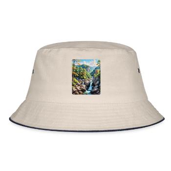 Serene Mountain Waterfall Landscape - Bucket Hat - ecru/navy - Front