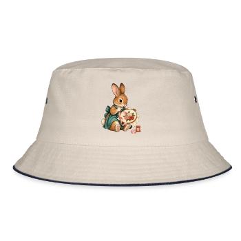 Kaninchen stickt mit Seidenband - Bucket Hat - Natur/Navy - Vorne