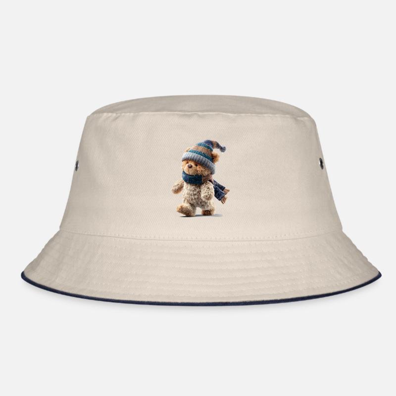 Funny winter teddy bear with knitted hat and scarf Bucket Hat