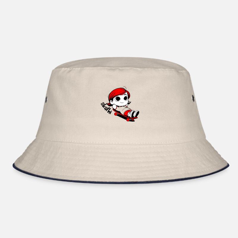 Kathi relaxed auf einem Skateboard. Bucket Hat