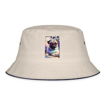 Bürohund Mops mit Laptop und pinker Brille Pop Art - Bucket Hat - Natur/Navy - Vorne