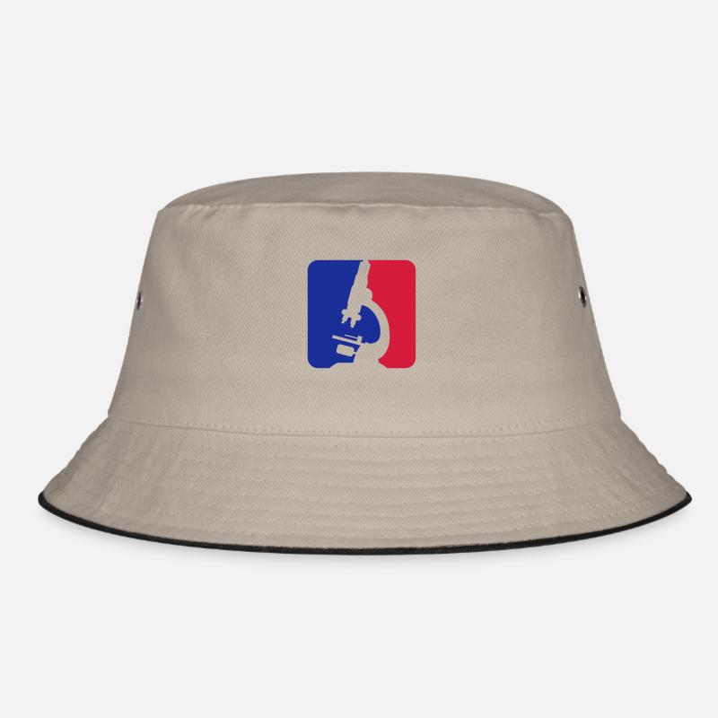 red blue microscope logo scientist researcher f Bucket Hat