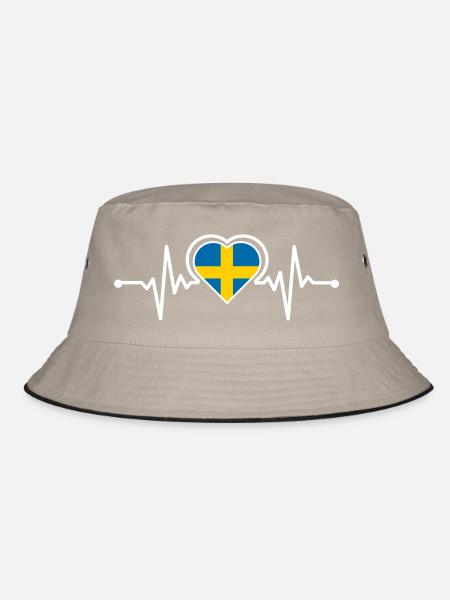 Schweden Flagge Herz Herzschlag Design - Bucket Hat - Khaki/Schwarz - Vorne