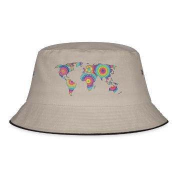 Mandala-Weltkarte bunt - Bucket Hat - Khaki/Schwarz - Vorne