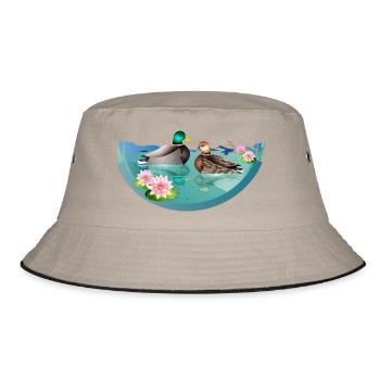 Duck couple in duck pond with water lilies - Bucket Hat - khaki/black - Front