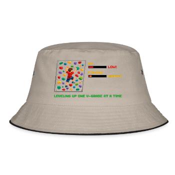 Retro Pixel Art Bouldern: Leveling Up Spruch - Bucket Hat - Khaki/Schwarz - Vorne