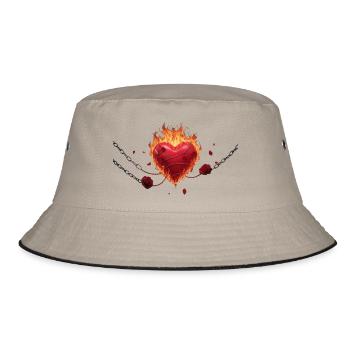 Flammendes Herz mit Ketten und Rosen - Bucket Hat - Khaki/Schwarz - Vorne