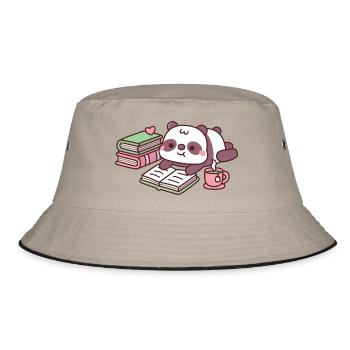 Süßer Pandabär entspannt mit Büchern und Tee - Bucket Hat - Khaki/Schwarz - Vorne