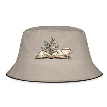 Buch mit Blumen & Teetasse - Bucket Hat - Khaki/Schwarz - Vorne