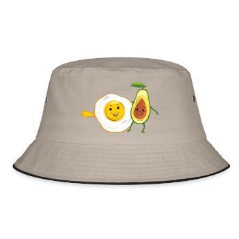 Cartoon_smiling_fried_egg_and_avocado - Bucket Hat - Khaki/Schwarz - Vorne