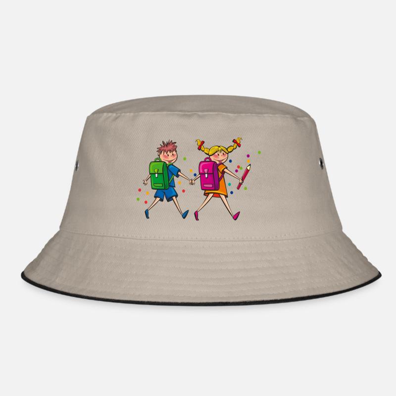 Schulkinder mit Schulranzen. Geschenkidee - Bucket Hat - Khaki/Schwarz