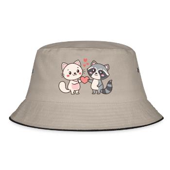 Cat Raccoon Duo Cuddle and Love - Bucket Hat - khaki/black - Front