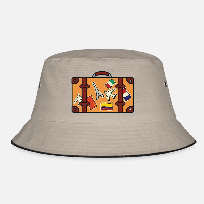 Koffer mit Aufklebern - Bucket Hat - Khaki/Schwarz
