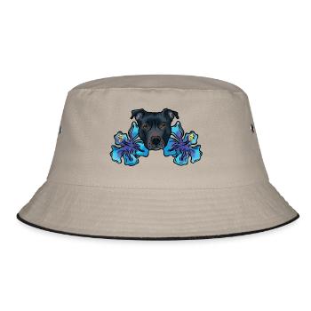 Staffordshire Terrier mit Hibiskusblüten - Bucket Hat - Khaki/Schwarz - Vorne