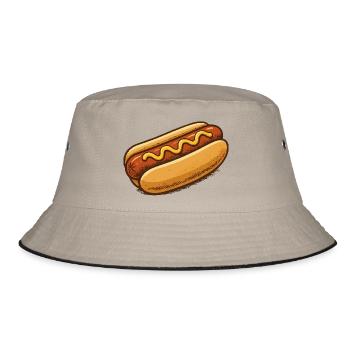 Hotdog Cartoon Illustration - Bucket Hat - Khaki/Schwarz - Vorne