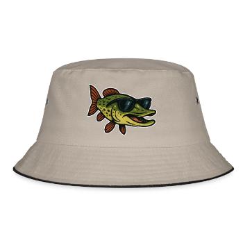 Hecht mit Sonnenbrille - Bucket Hat - Khaki/Schwarz - Vorne