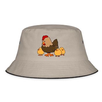 Mama Huhn mit drei Kinder Kücken T-Shirt - Bucket Hat - Khaki/Schwarz - Vorne