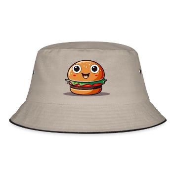 Cute cartoon hamburger with smiling face - Bucket Hat - Khaki/Schwarz - Vorne
