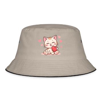 Kawaii Katze mit Herz Geschenk Geburtstag - Bucket Hat - Khaki/Schwarz - Vorne