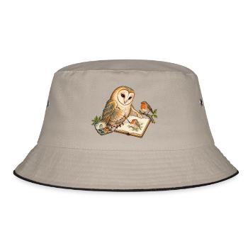 Eule malt ein Rotkehlchen - Bucket Hat - Khaki/Schwarz - Vorne