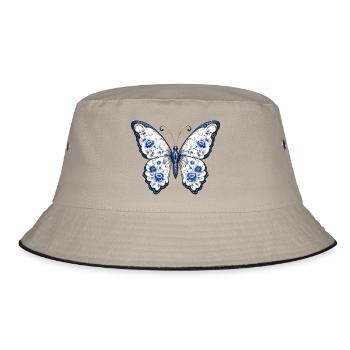 Blaues Blüten-Schmetterling Motiv - Bucket Hat - Khaki/Schwarz - Vorne