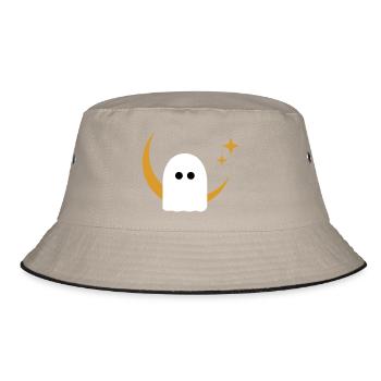 Moon Ghost Badge – Minimal Line‑Art T‑Shirt | Weiß - Bucket Hat - Khaki/Schwarz - Vorne