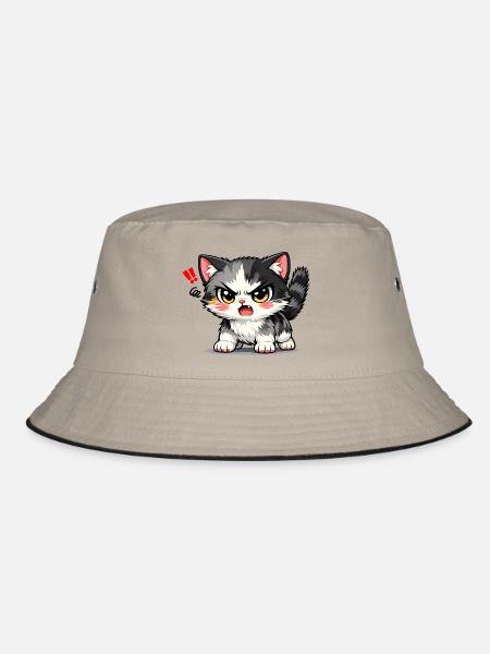 Wütendes Kawaii-Kätzchen - Bucket Hat - Khaki/Schwarz